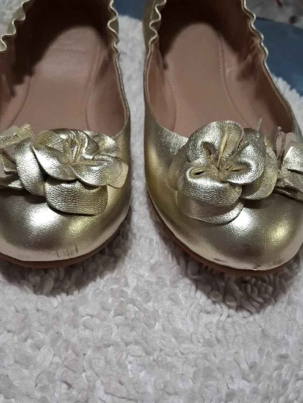 Tory Burch Metallic Gold Floral Leather Ballet Flats
